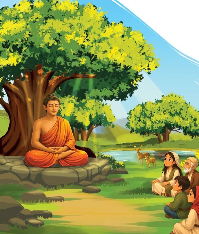 Illustration of the Buddha meditating under a tree beside a pond, with children and elders listening.