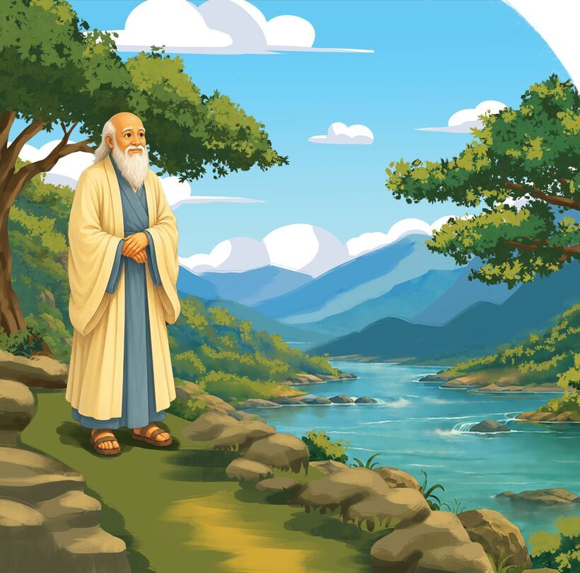 Illustration of Laozi standing on a path above a mountain river.