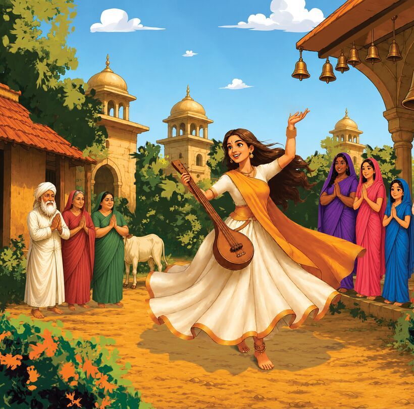 Illustration of Mirabai dancing with her instrument while villagers watch with hands in prayer.